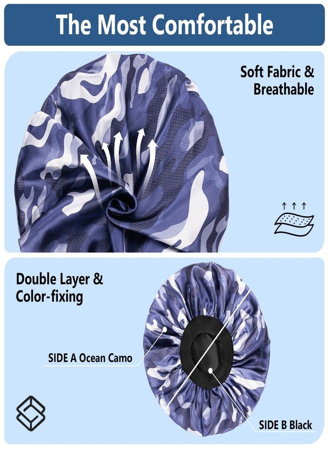 WINSTECK Satin Bonnets for Men Women, Hair Bonnet for Sleeping wih Adjustable & Soft Elastic Band, Large Silk Sleep Bonnet for Curly Hair Braids Stay on All Night (OceanCamo) - Image 2